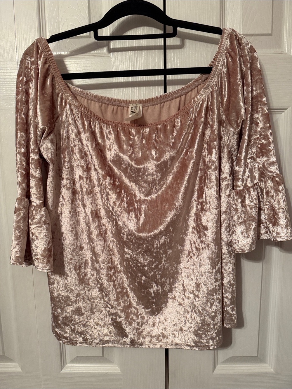 Velvet Off-Shoulder Beige Bell-Sleeve Women's Top - Picture 1 of 2